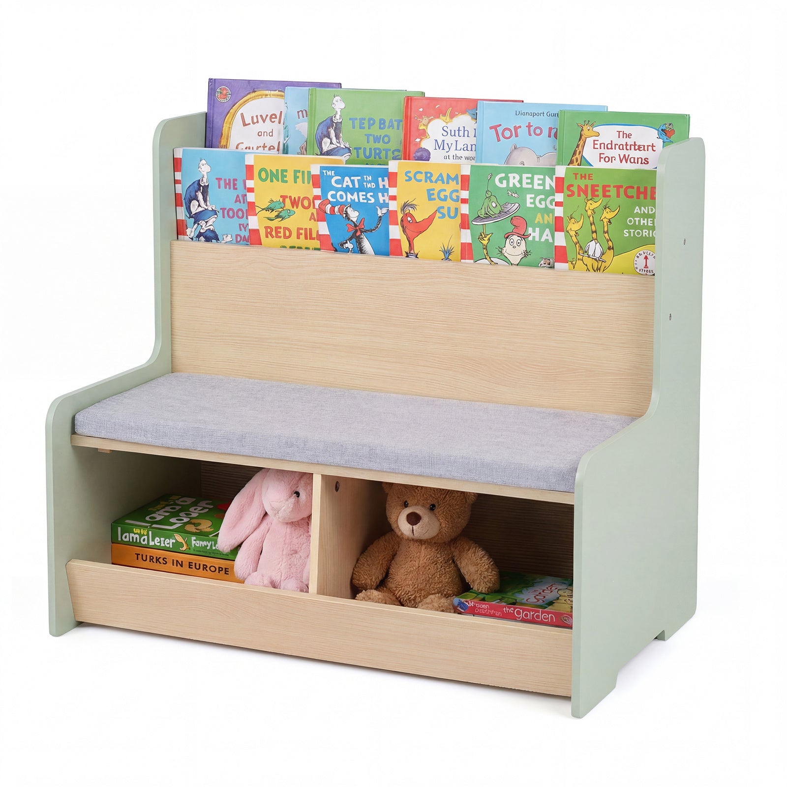 Kids Reading Nook with Bench Toddler Toy Storage Organizer with Bookshelf and 2 Cubbies-Green