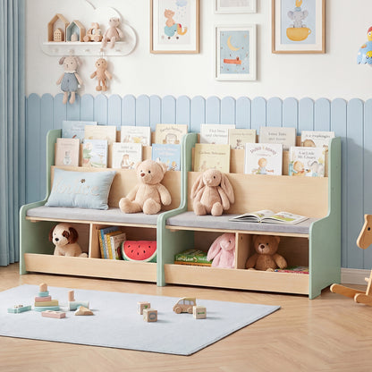 Kids Reading Nook with Bench Toddler Toy Storage Organizer with Bookshelf and 2 Cubbies-Green