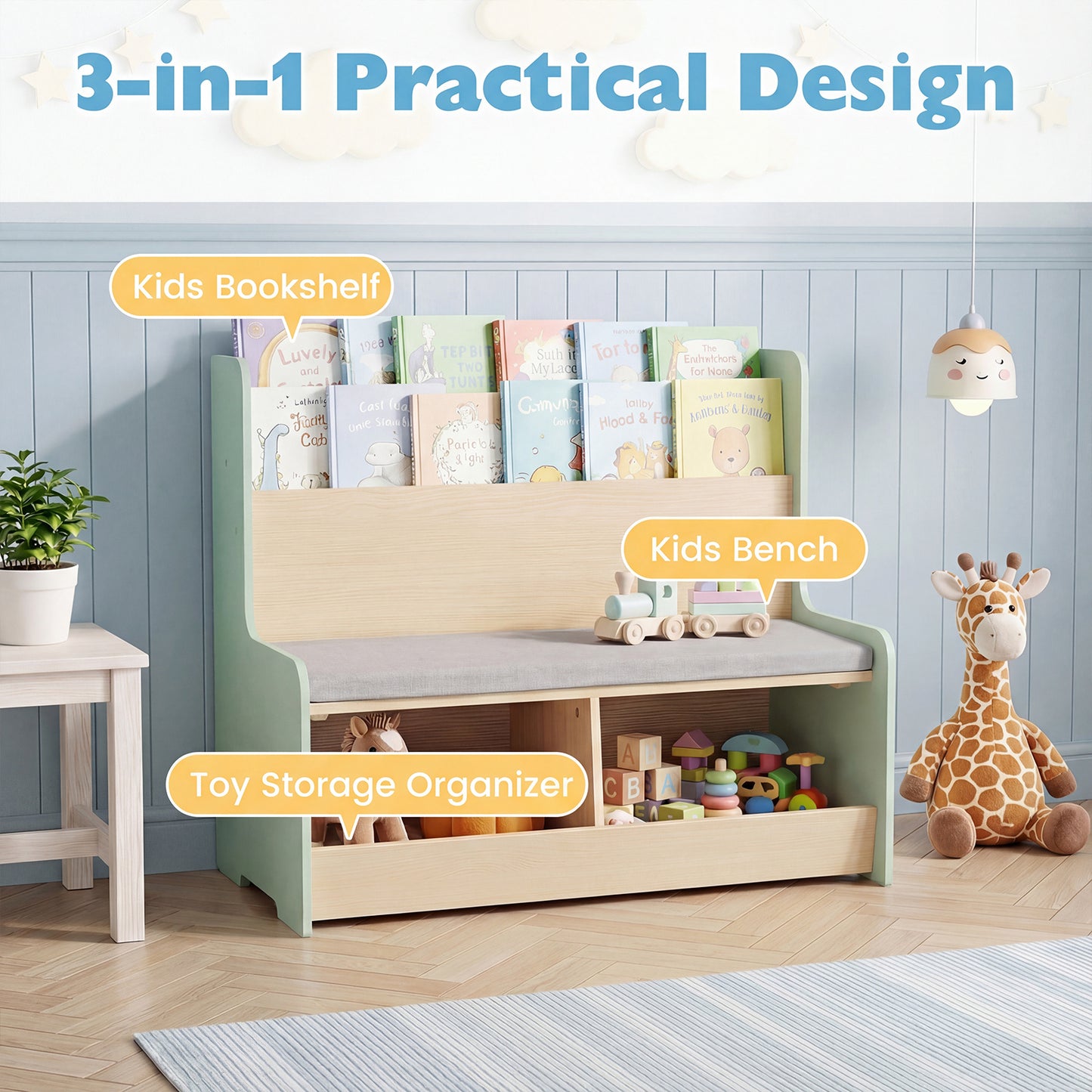 Kids Reading Nook with Bench Toddler Toy Storage Organizer with Bookshelf and 2 Cubbies-Green