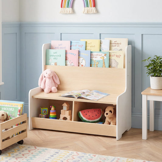Kids Reading Nook with Bench Toddler Toy Storage Organizer with Bookshelf and 2 Cubbies-White