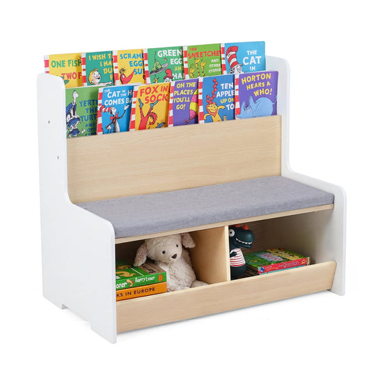 Kids Reading Nook with Bench Toddler Toy Storage Organizer with Bookshelf and 2 Cubbies-White