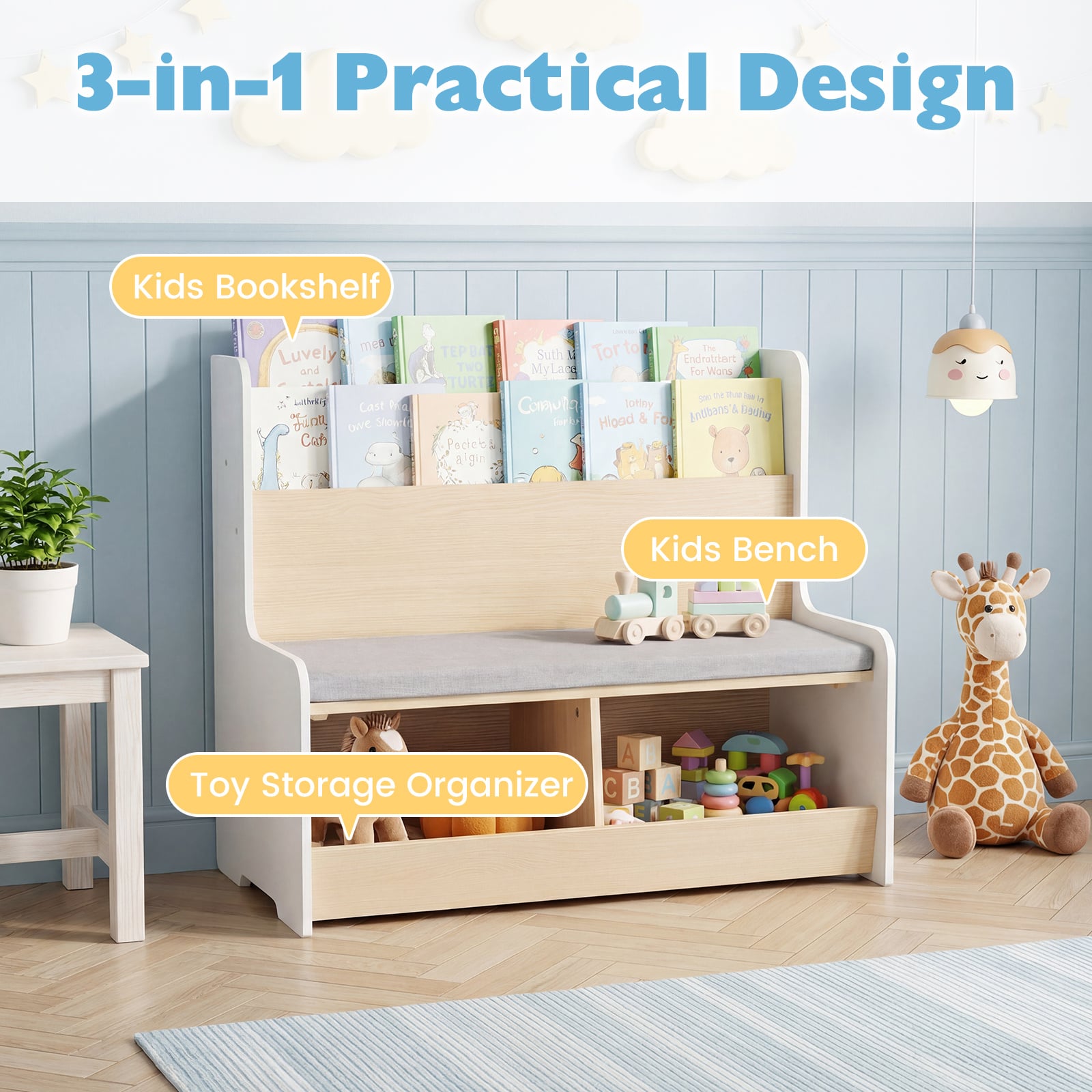 Kids Reading Nook with Bench Toddler Toy Storage Organizer with Bookshelf and 2 Cubbies-White