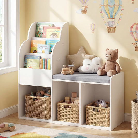 Kids Reading Nook with Bench Wooden Toddler Bookcase with 3 Storage Cubbies-White