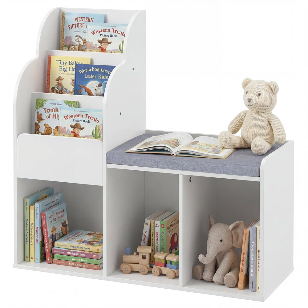 Kids Reading Nook with Bench Wooden Toddler Bookcase with 3 Storage Cubbies-White
