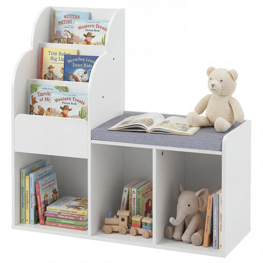 Kids Reading Nook with Bench Wooden Toddler Bookcase with 3 Storage Cubbies-White