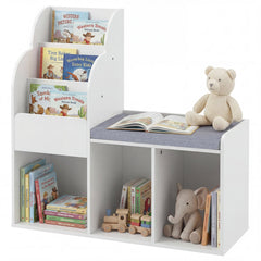 Kids Reading Nook with Bench Wooden Toddler Bookcase with 3 Storage Cubbies-White