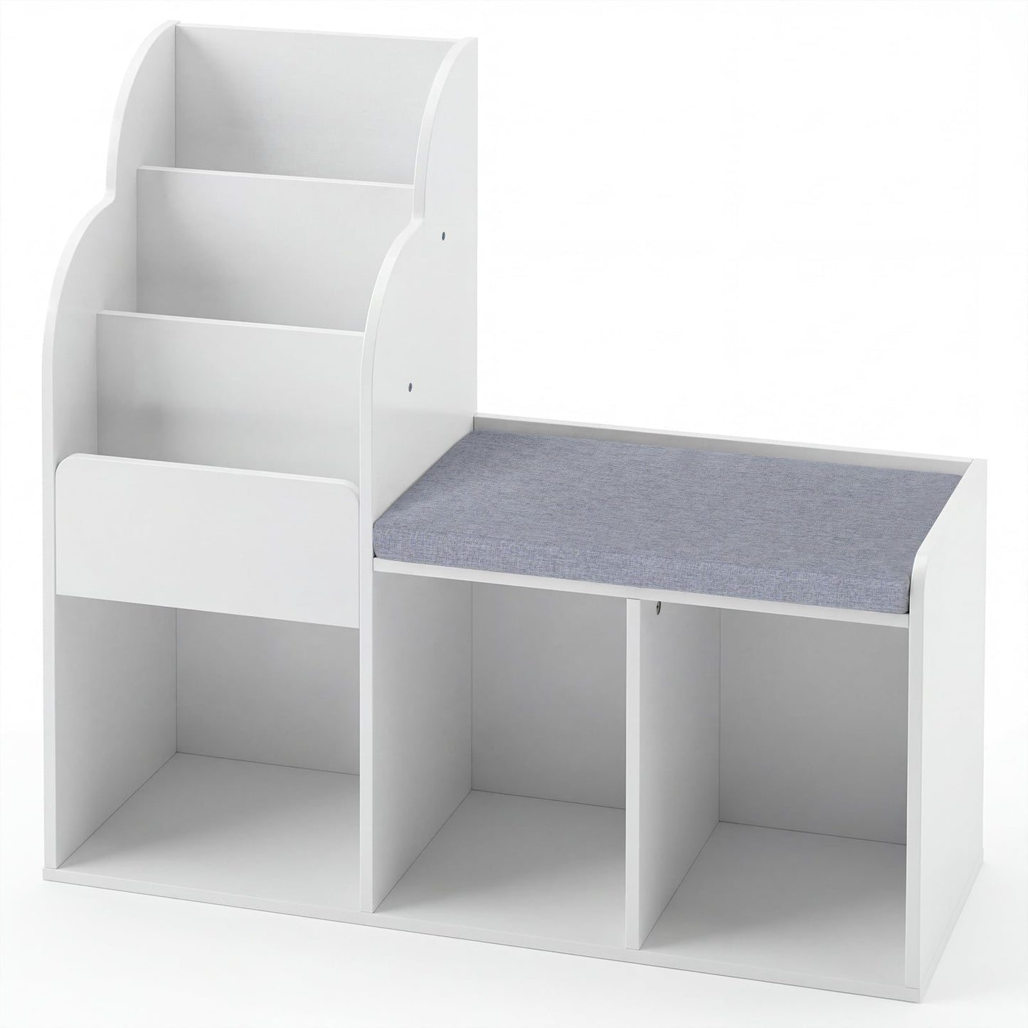 Kids Reading Nook with Bench Wooden Toddler Bookcase with 3 Storage Cubbies-White