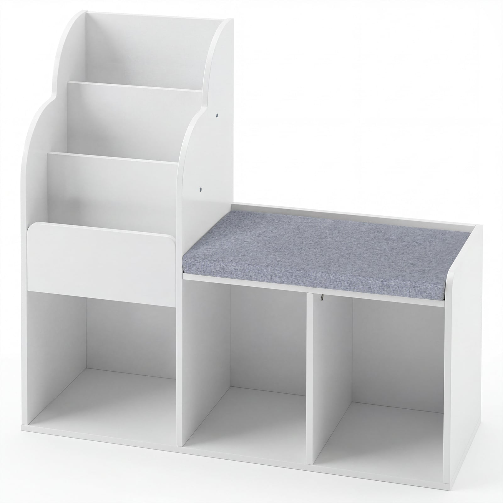 Kids Reading Nook with Bench Wooden Toddler Bookcase with 3 Storage Cubbies-White