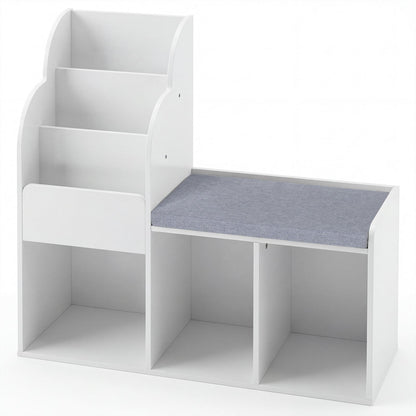 Kids Reading Nook with Bench Wooden Toddler Bookcase with 3 Storage Cubbies-White