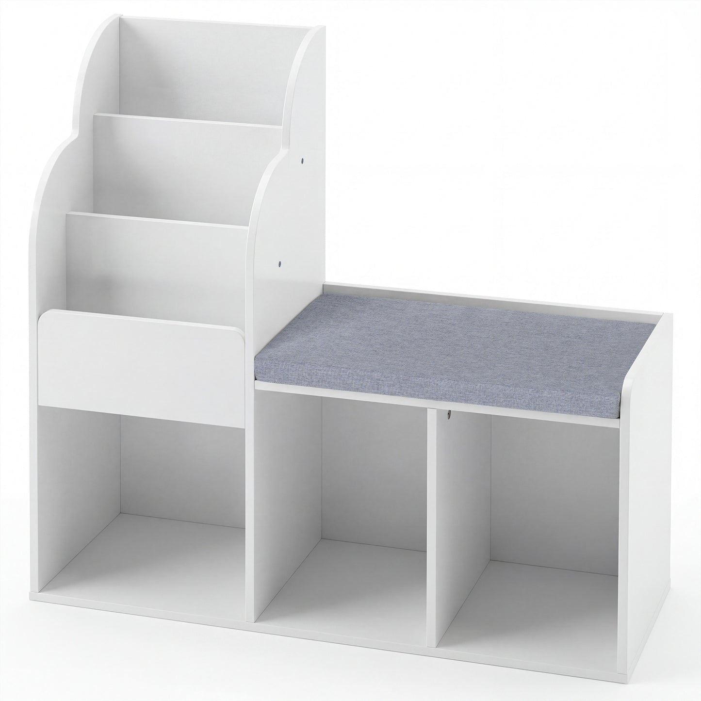 Kids Reading Nook with Bench Wooden Toddler Bookcase with 3 Storage Cubbies-White