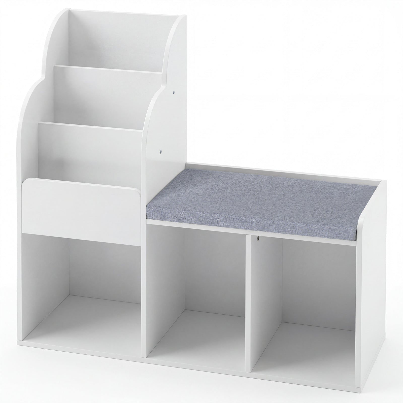 Kids Reading Nook with Bench Wooden Toddler Bookcase with 3 Storage Cubbies-White