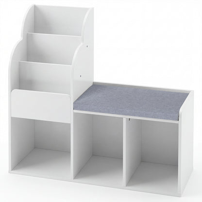 Kids Reading Nook with Bench Wooden Toddler Bookcase with 3 Storage Cubbies-White