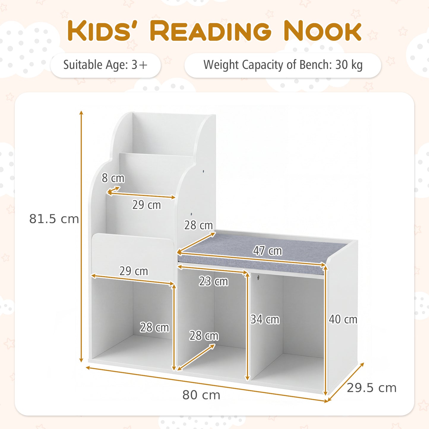 Kids Reading Nook with Bench Wooden Toddler Bookcase with 3 Storage Cubbies-White