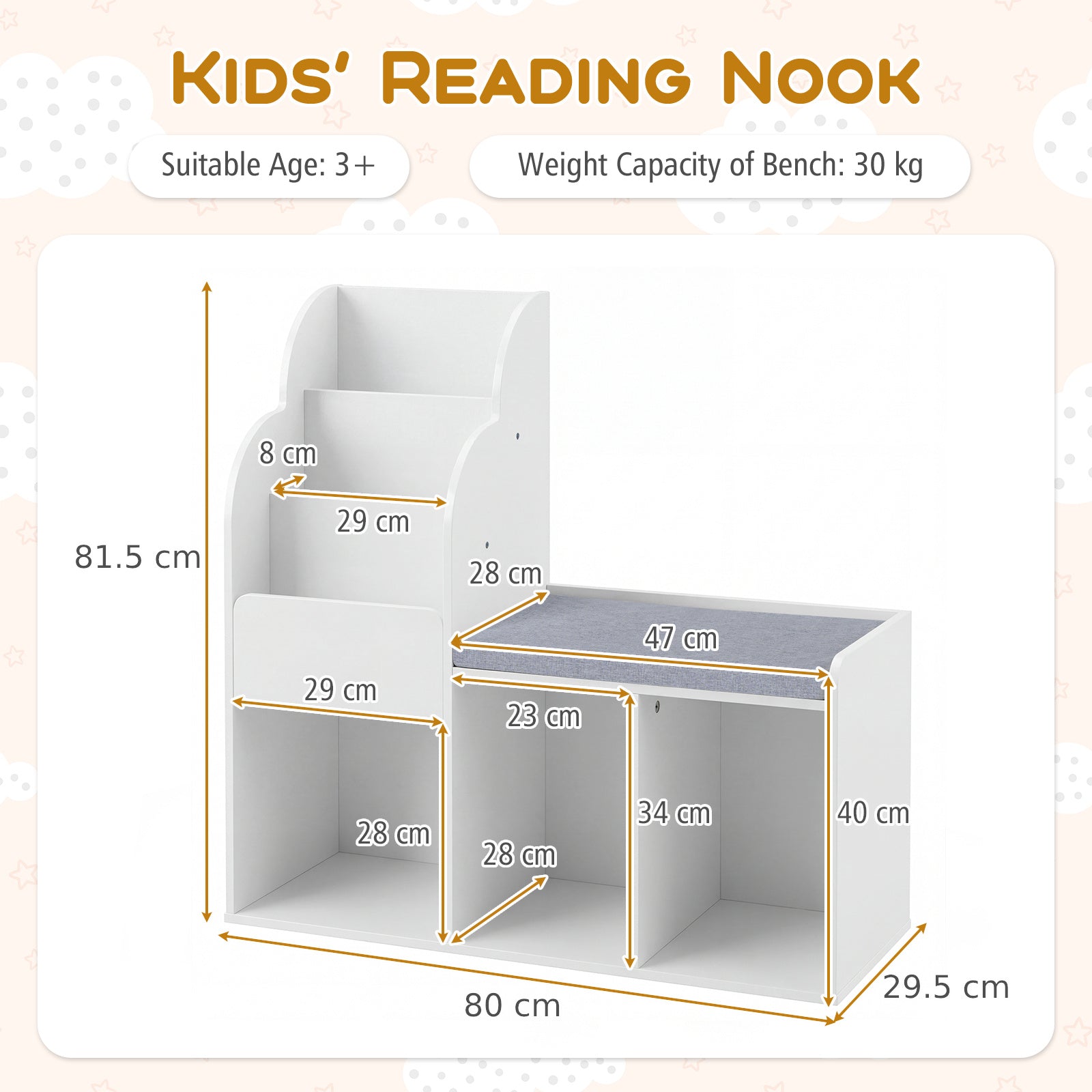 Kids Reading Nook with Bench Wooden Toddler Bookcase with 3 Storage Cubbies-White