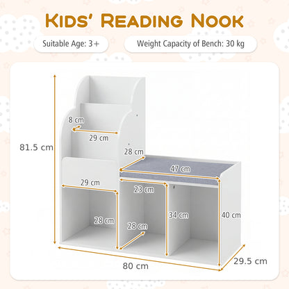 Kids Reading Nook with Bench Wooden Toddler Bookcase with 3 Storage Cubbies-White
