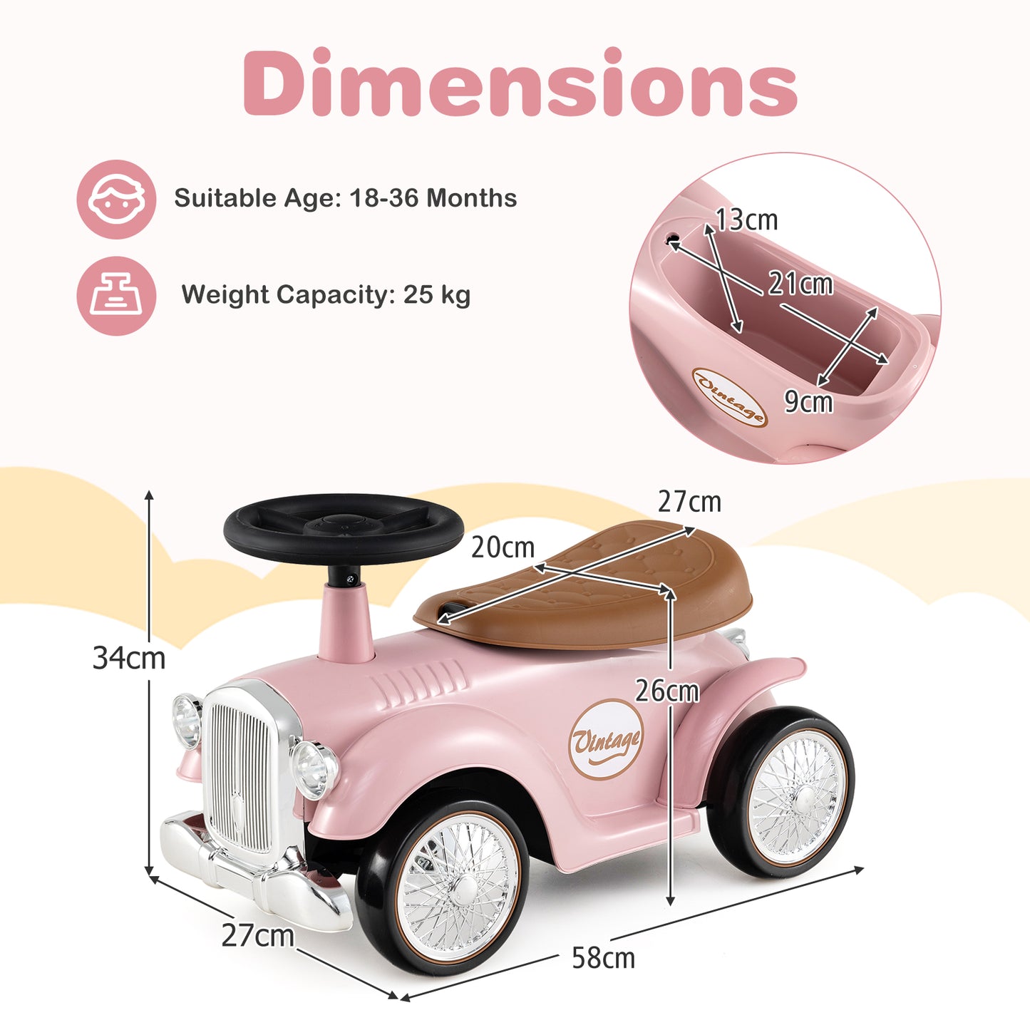 Kids Ride On Car with Under-seat Storage Space for 18-36 Months Boys and Girls Gifts-Pink