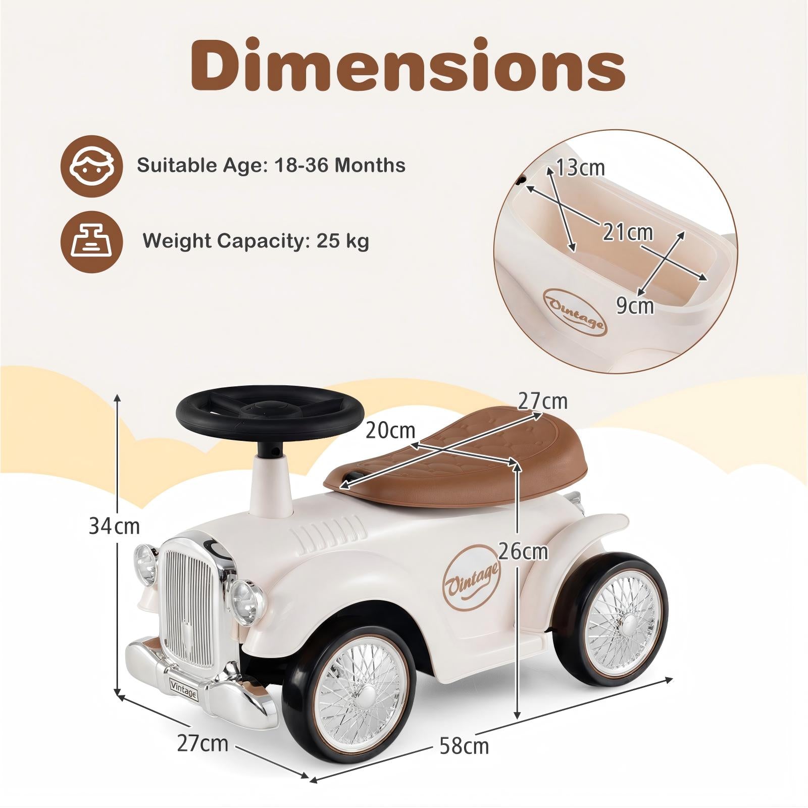 Kids Ride On Car with Under-seat Storage Space for 18-36 Months Boys and Girls Gifts-White
