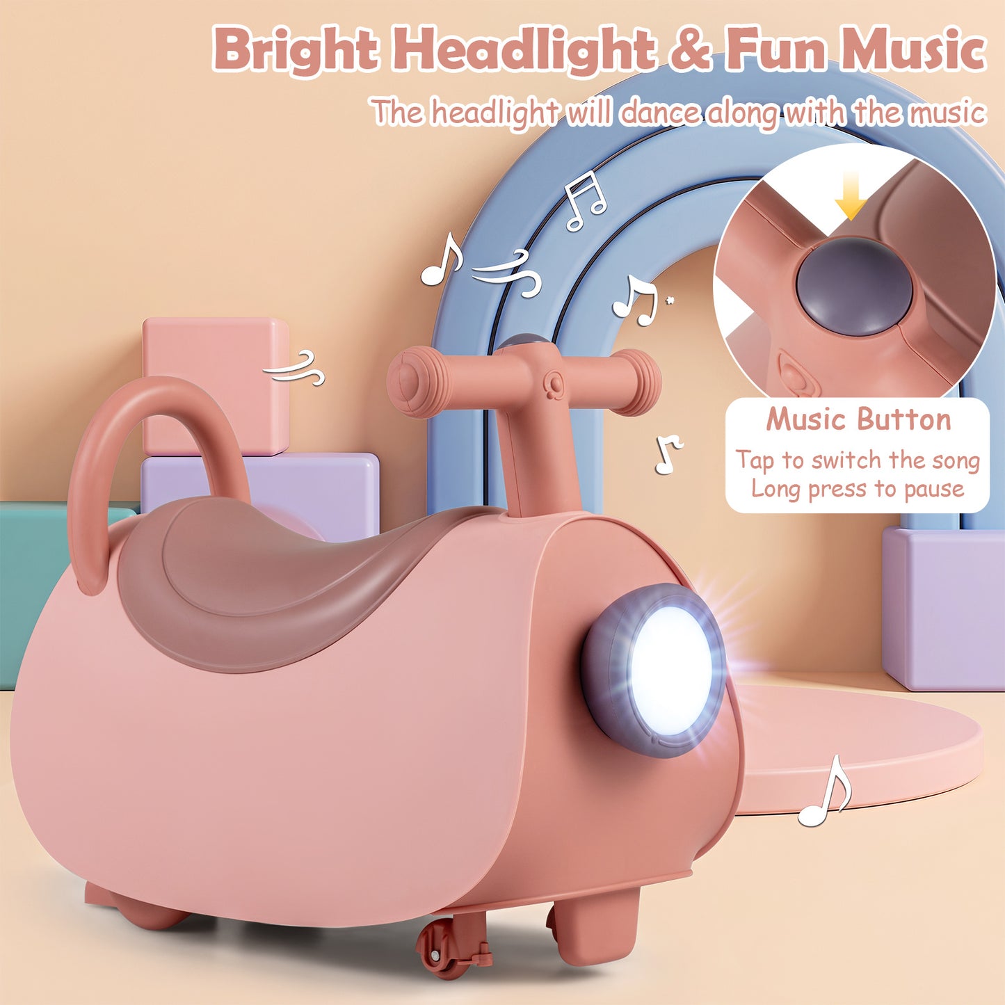 Kids Ride On Push Car with Headlight and Music for Kids 3+-Pink