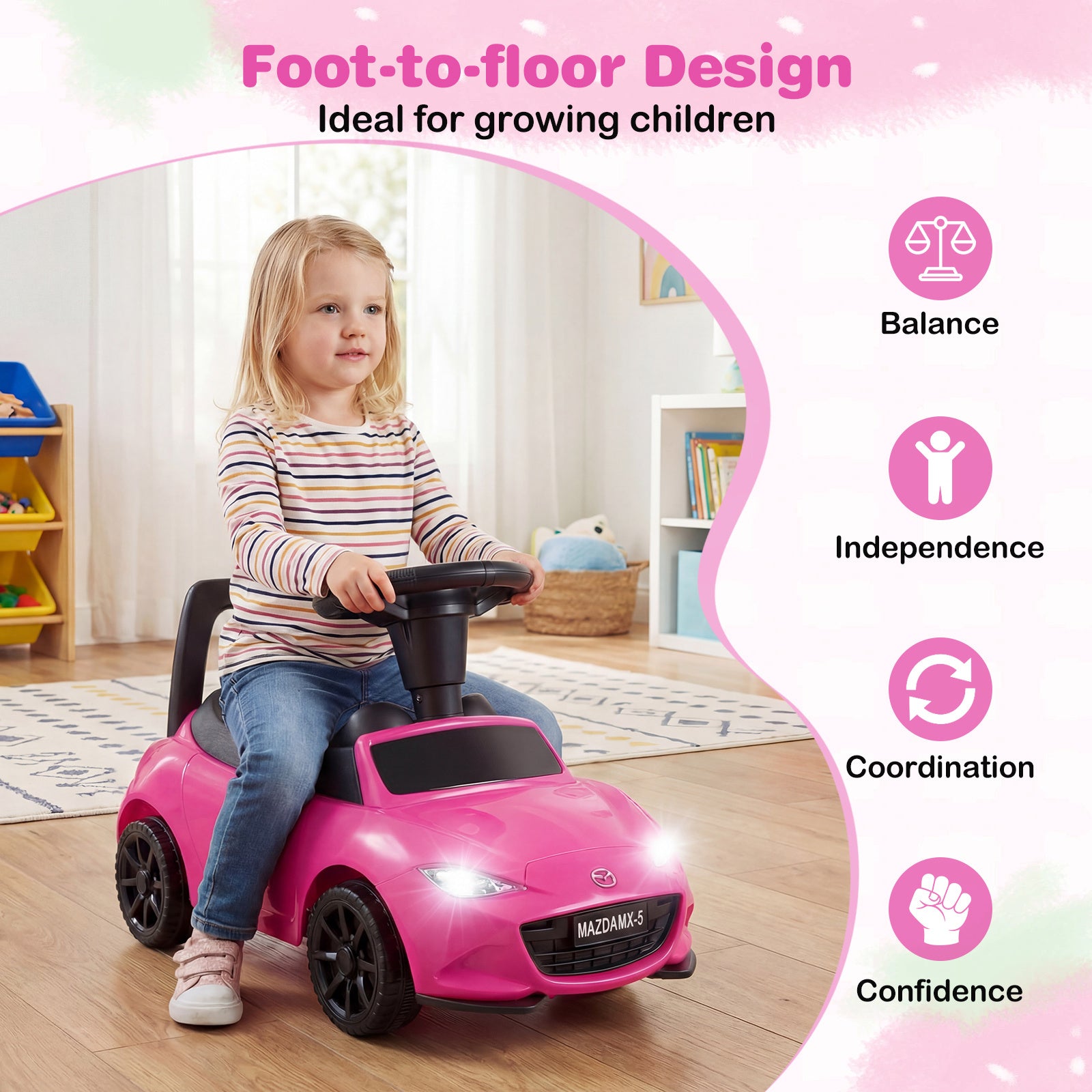 Kids Ride On Sliding Toy Mazda Licensed with Under-Seat Storage for Toddlers-Pink