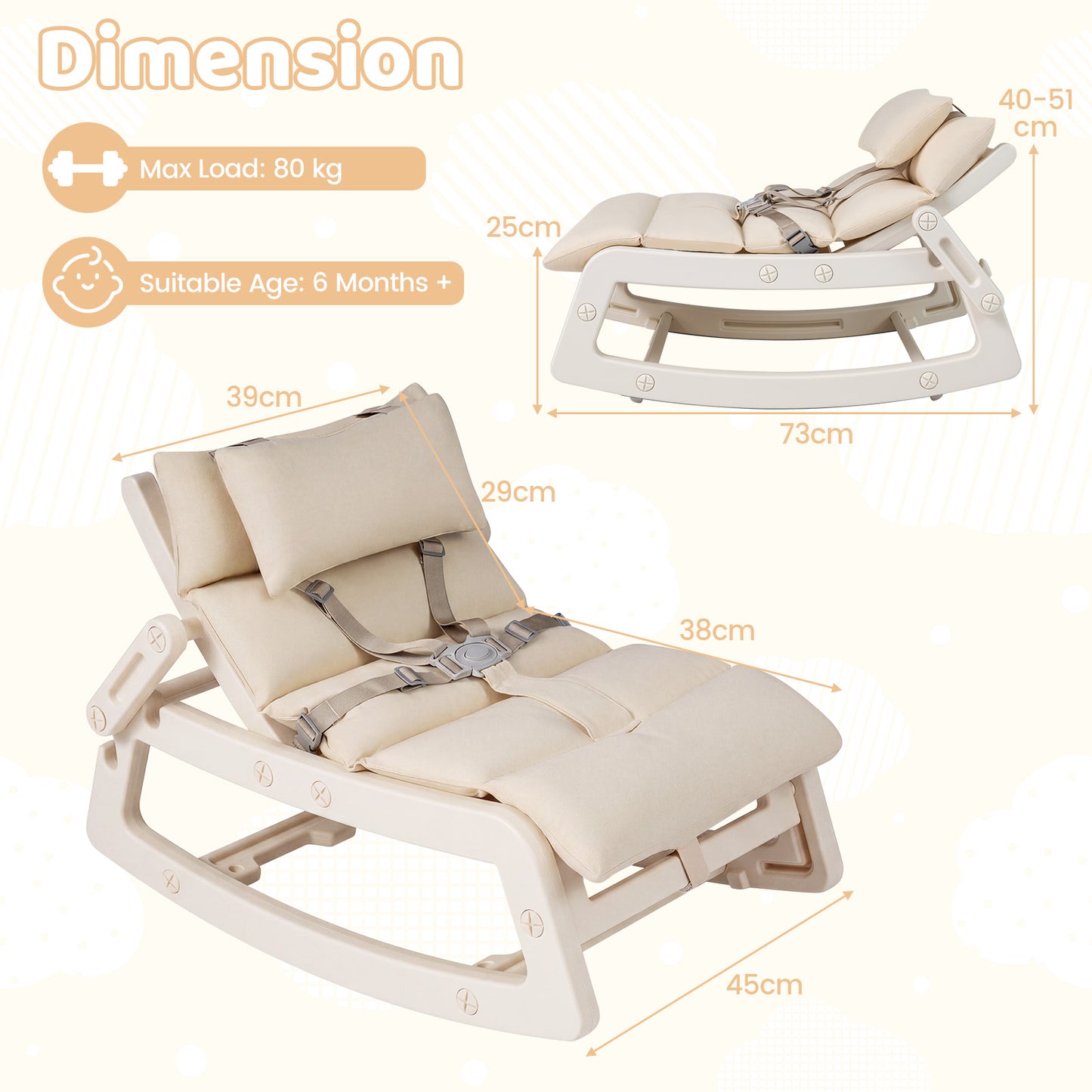 Kids Rocking Chair with Adjustable Backrest and Safety Harness for 6+ Months-Beige