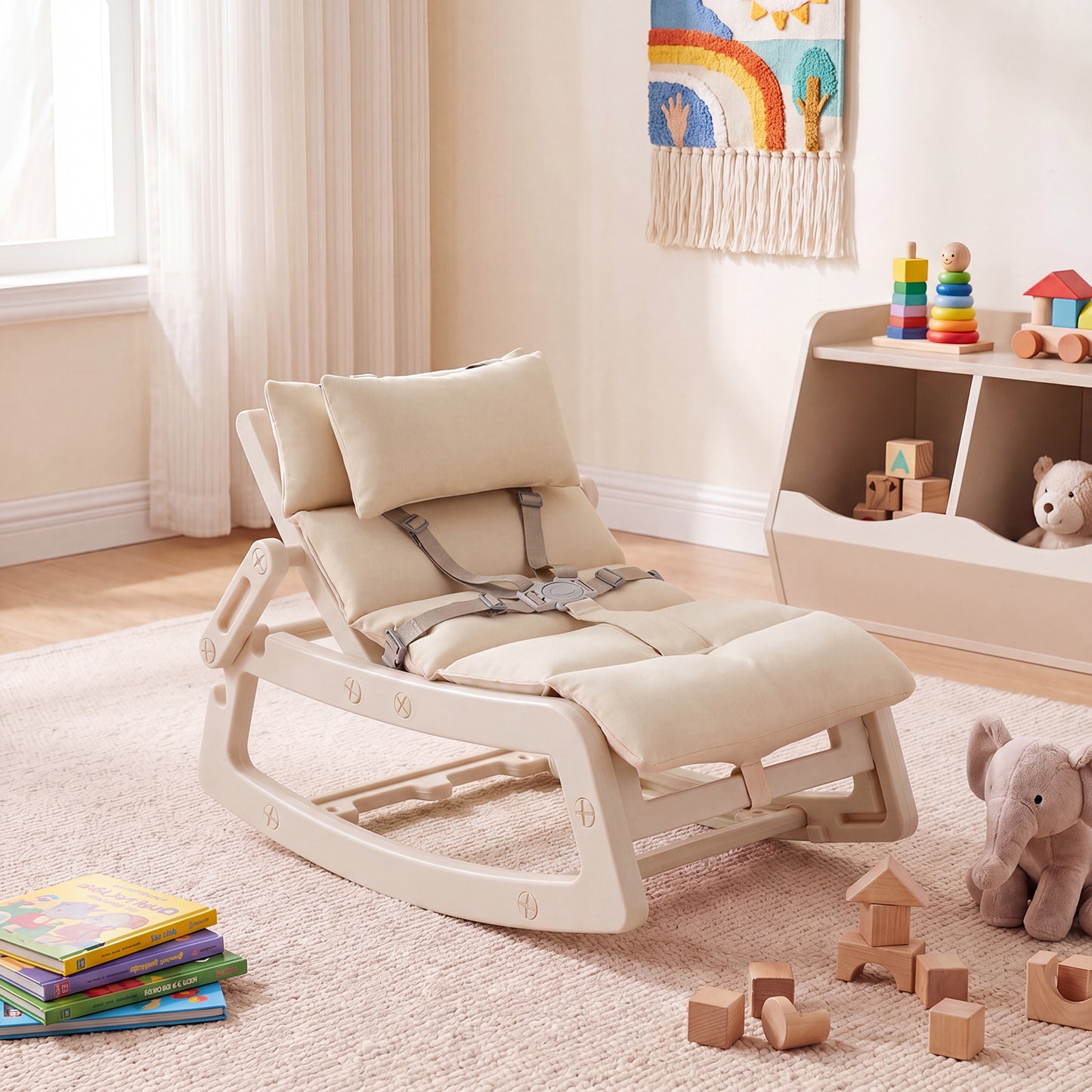 Kids Rocking Chair with Adjustable Backrest and Safety Harness for 6+ Months-Beige