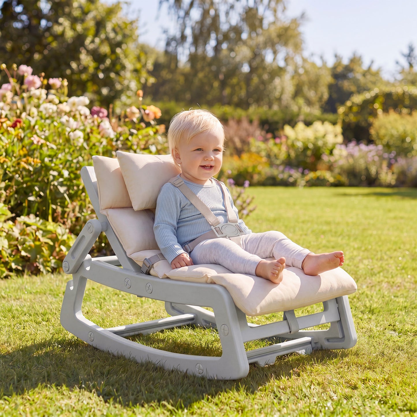 Kids Rocking Chair with Adjustable Backrest and Safety Harness for 6+ Months-Grey