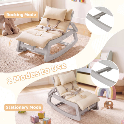 Kids Rocking Chair with Adjustable Backrest and Safety Harness for 6+ Months-Grey