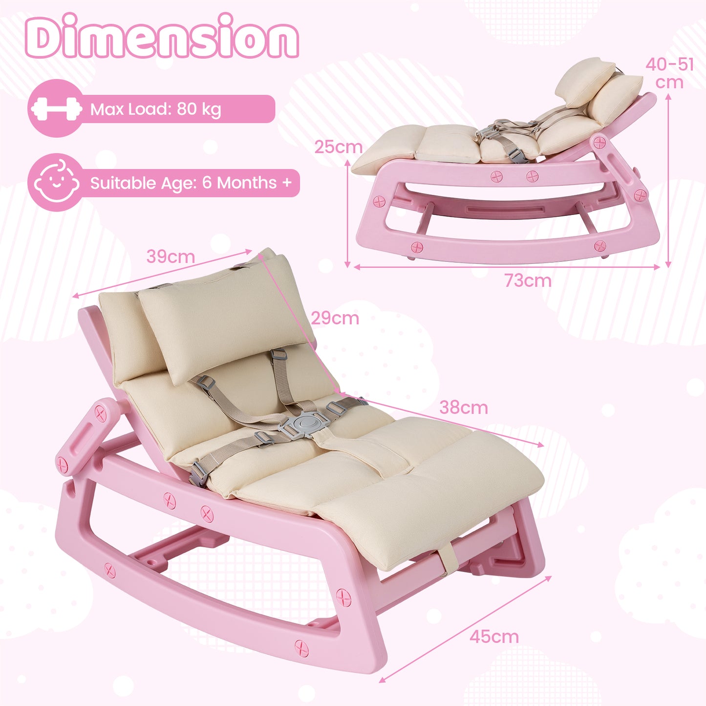 Kids Rocking Chair with Adjustable Backrest and Safety Harness for 6+ Months-Pink