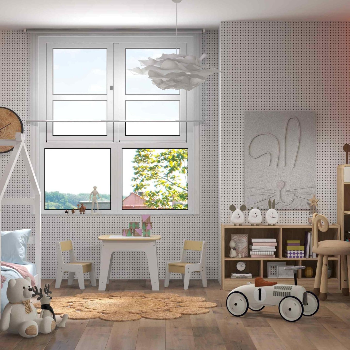 Kids Room Furniture Bundle: Kids Table and Chairs Set and 2-Tier Kids Bookcase