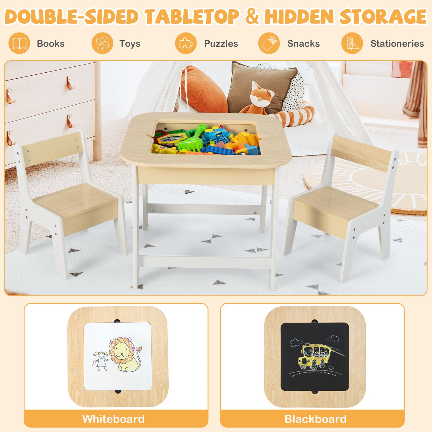 Kids Room Furniture Bundle: Kids Table and Chairs Set and 2-Tier Kids Bookcase