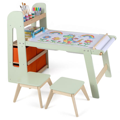 Kids Sensory Art Table and 2 Chairs Set with Paper Roll-Green