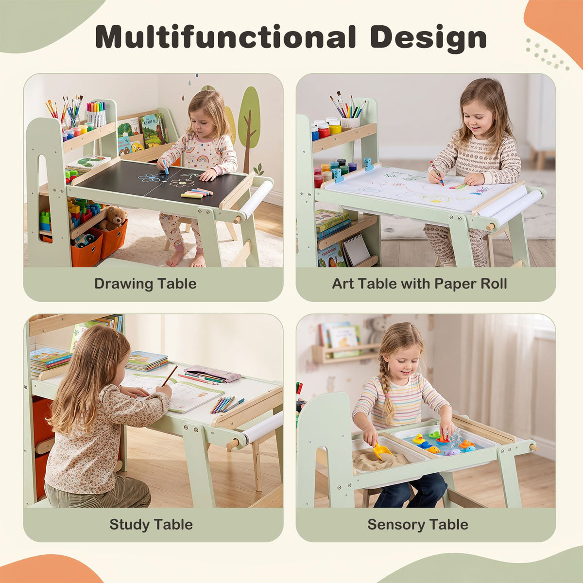 Kids Sensory Art Table and 2 Chairs Set with Paper Roll-Green