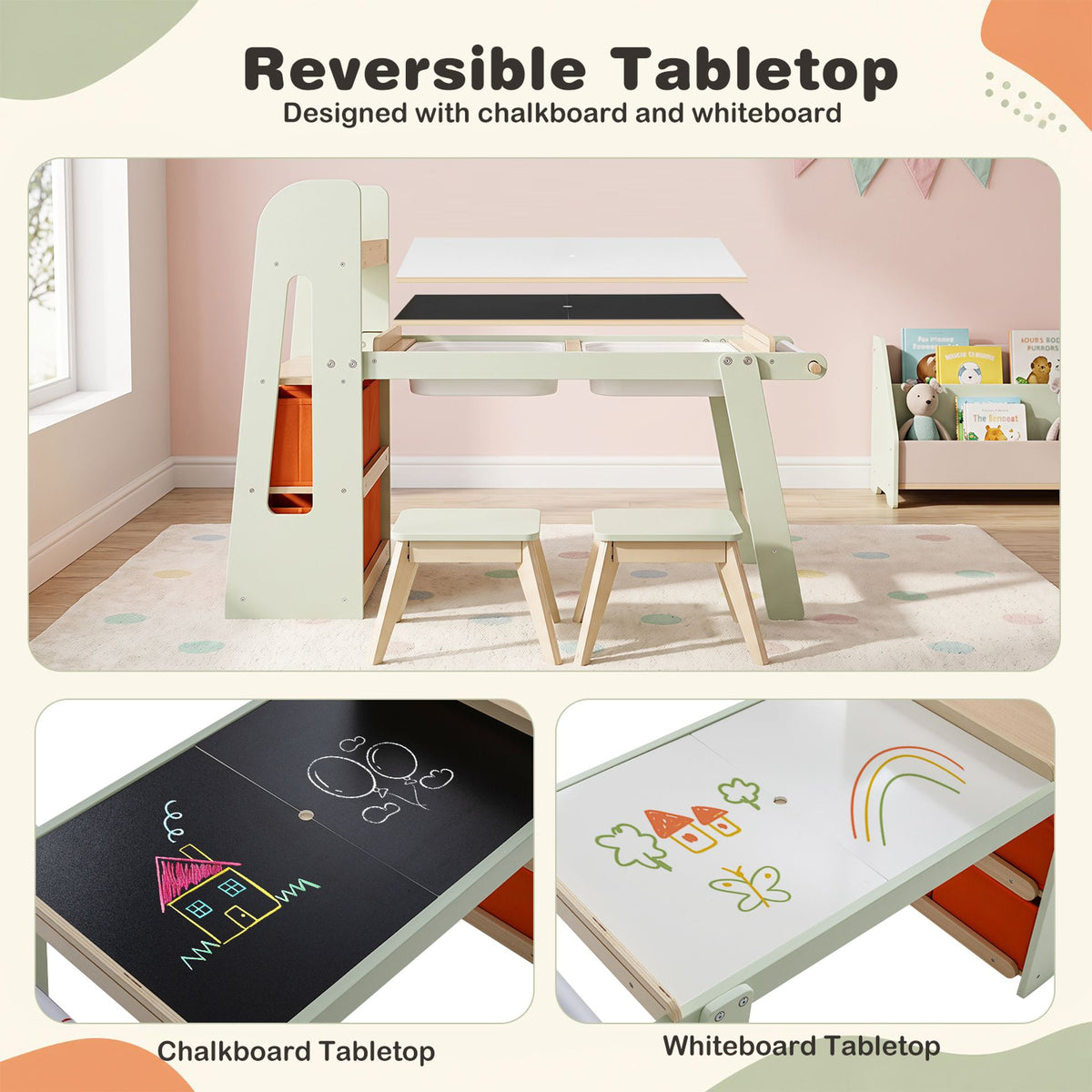 Kids Sensory Art Table and 2 Chairs Set with Paper Roll-Green