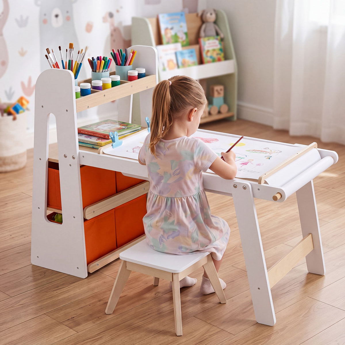Kids Sensory Art Table and 2 Chairs Set with Paper Roll-White
