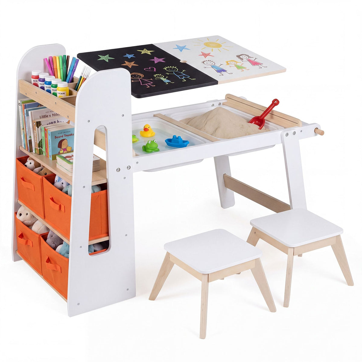 Kids Sensory Art Table and 2 Chairs Set with Paper Roll-White