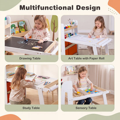 Kids Sensory Art Table and 2 Chairs Set with Paper Roll-White
