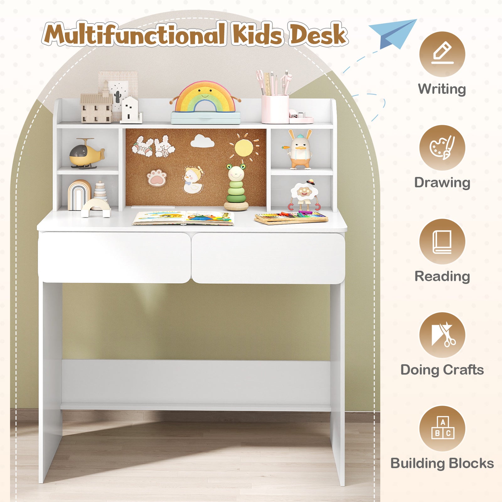 Kids Study Desk Student Writing Table with Cork Bulletin Board-off white