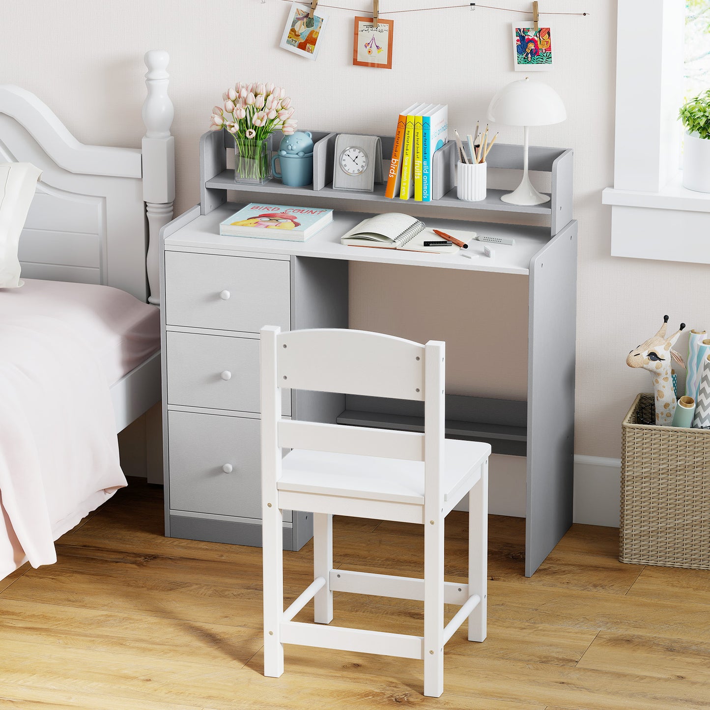 Kids Study Desk and Chair Set Wooden Children Writing Desk with Hutch-Grey
