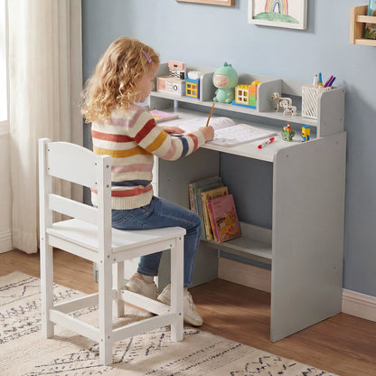 Kids Study Desk and Chair Set Wooden Children Writing Desk with Hutch-Grey