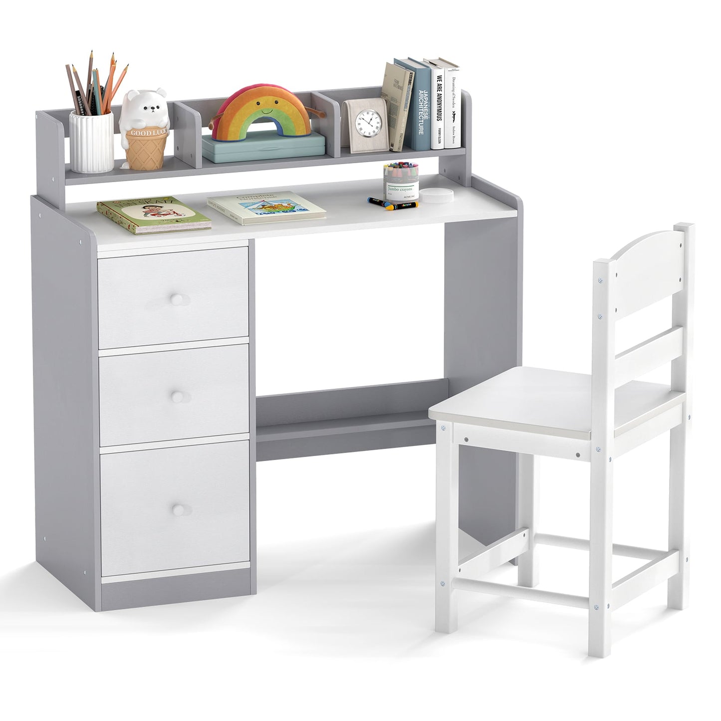 Kids Study Desk and Chair Set Wooden Children Writing Desk with Hutch-Grey