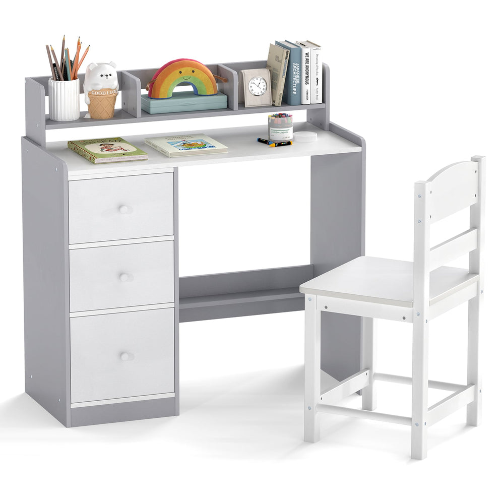 Kids Study Desk and Chair Set Wooden Children Writing Desk with Hutch-Grey
