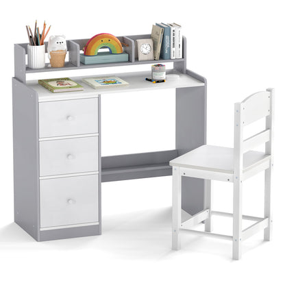 Kids Study Desk and Chair Set Wooden Children Writing Desk with Hutch-Grey