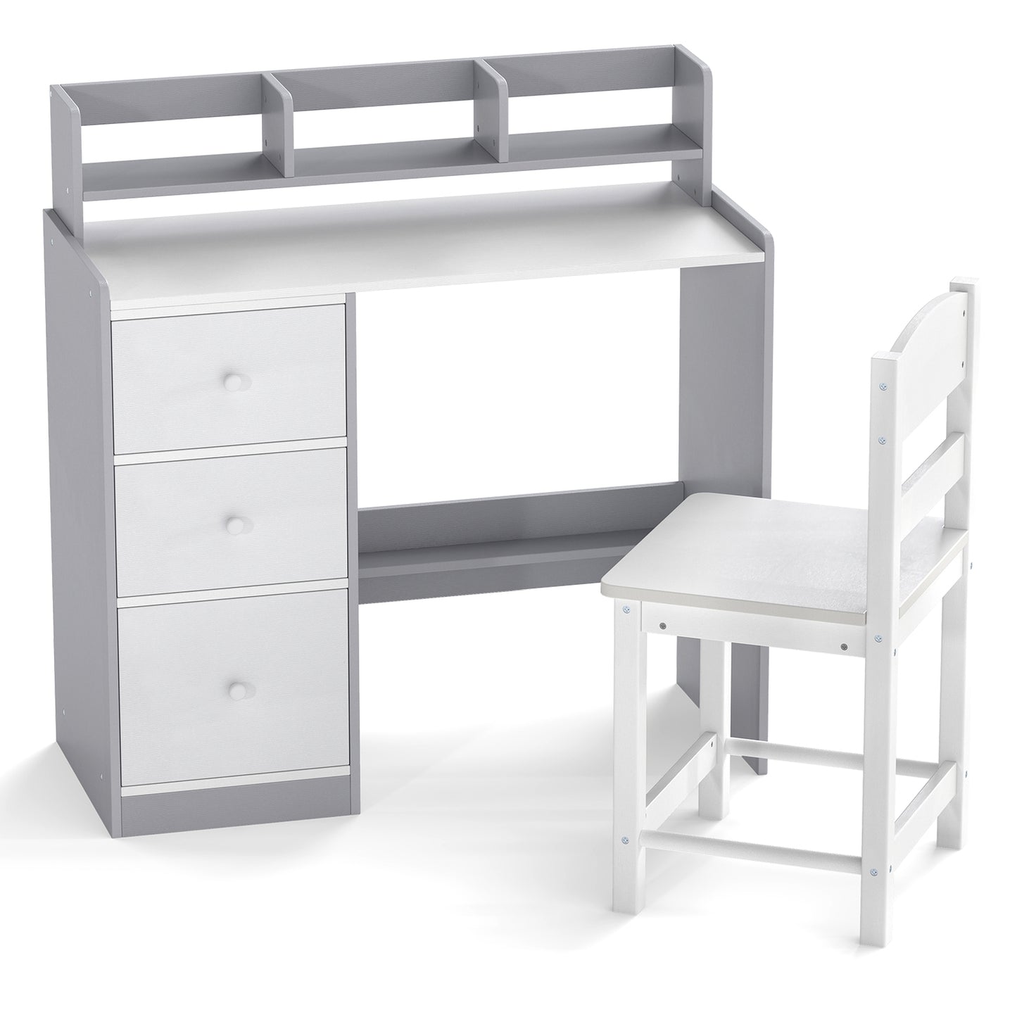 Kids Study Desk and Chair Set Wooden Children Writing Desk with Hutch-Grey