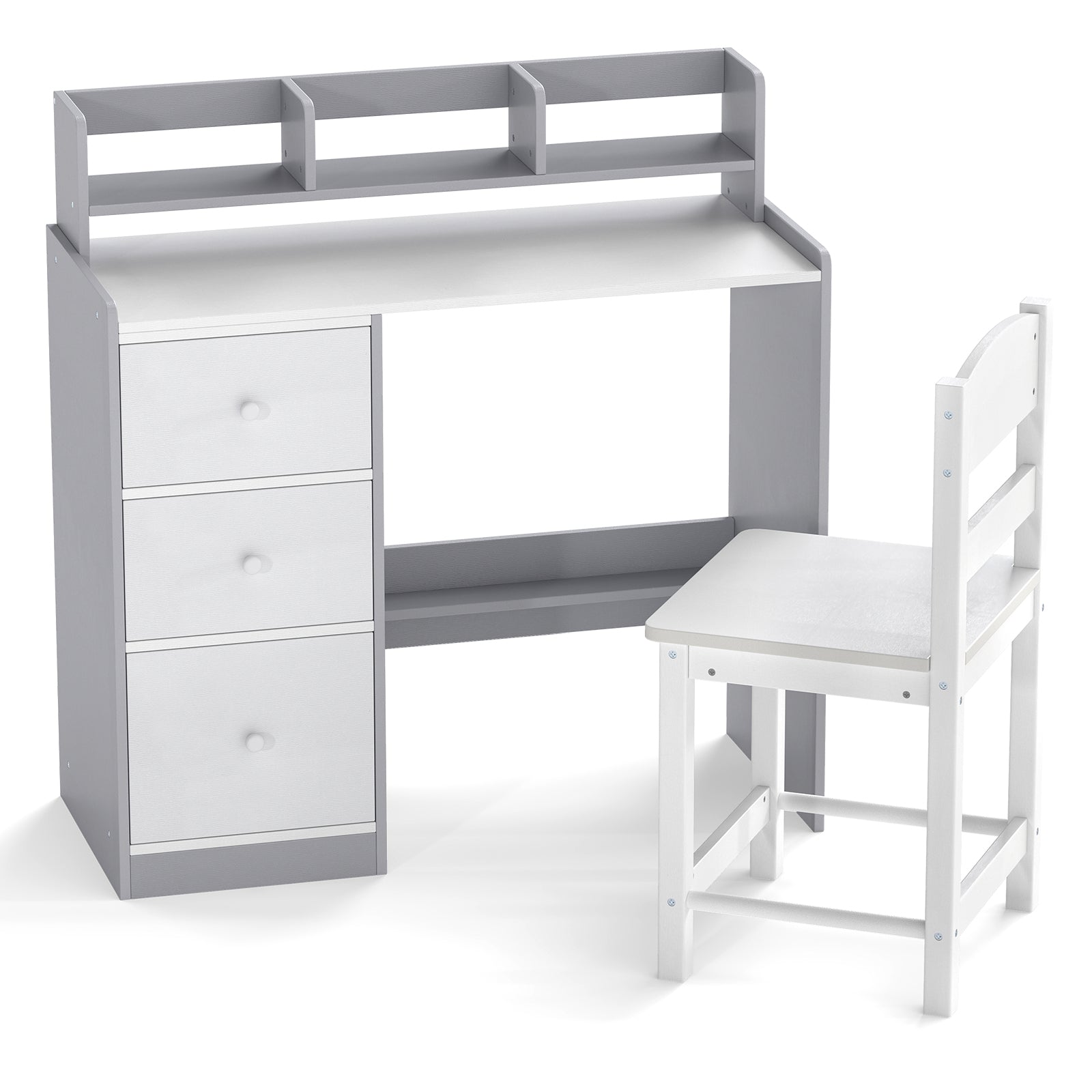 Kids Study Desk and Chair Set Wooden Children Writing Desk with Hutch-Grey