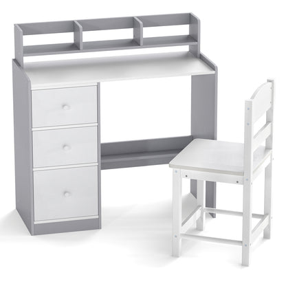 Kids Study Desk and Chair Set Wooden Children Writing Desk with Hutch-Grey