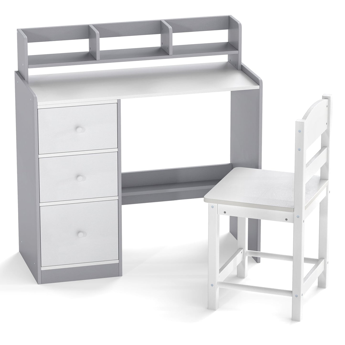 Kids Study Desk and Chair Set Wooden Children Writing Desk with Hutch-Grey
