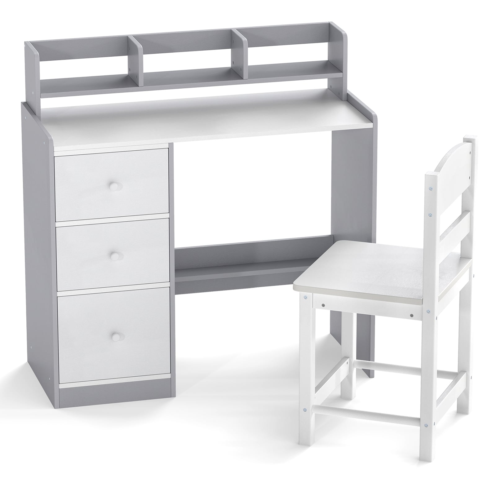 Kids Study Desk and Chair Set Wooden Children Writing Desk with Hutch-Grey