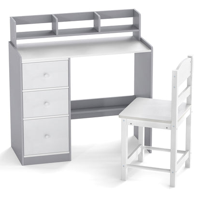 Kids Study Desk and Chair Set Wooden Children Writing Desk with Hutch-Grey