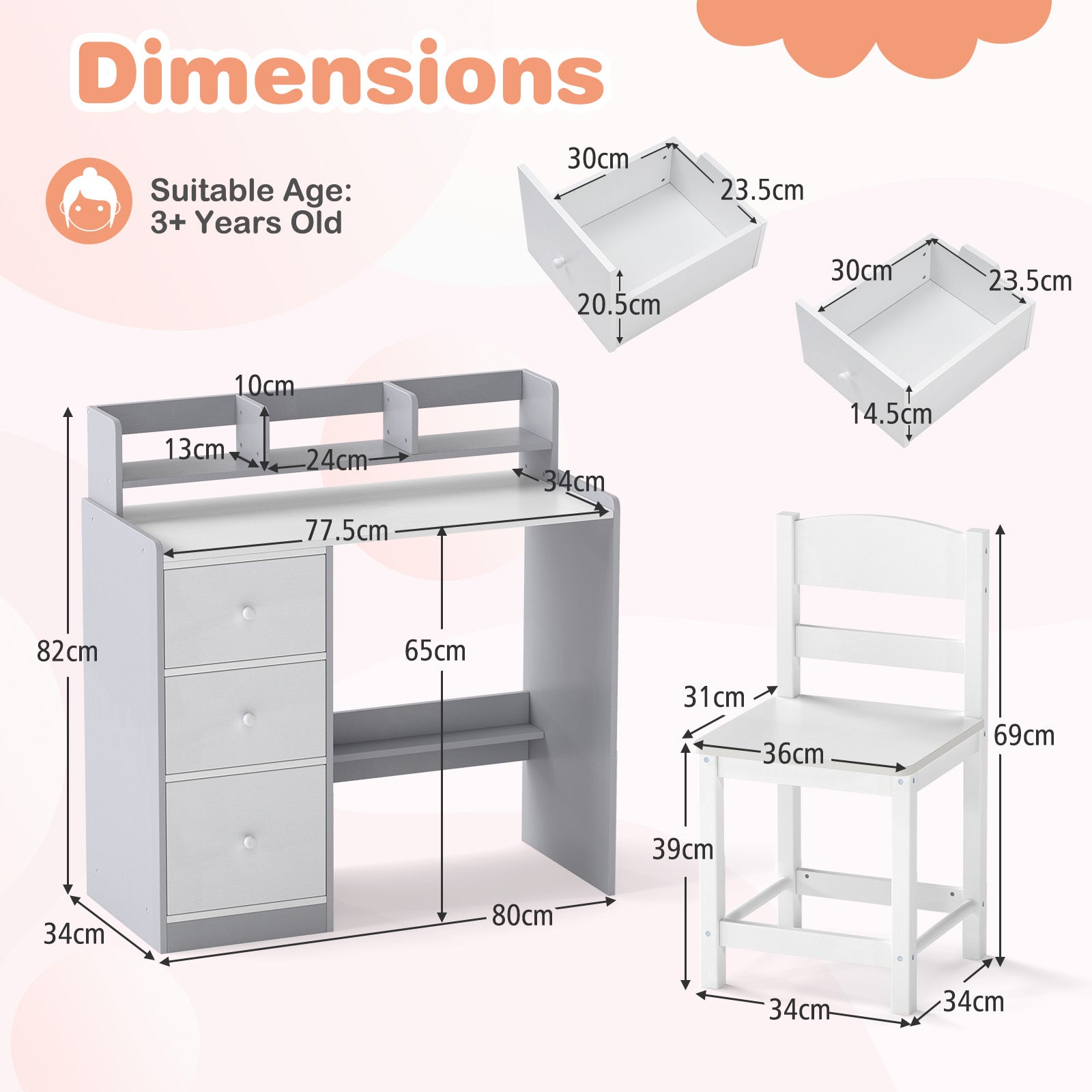 Kids Study Desk and Chair Set Wooden Children Writing Desk with Hutch-Grey