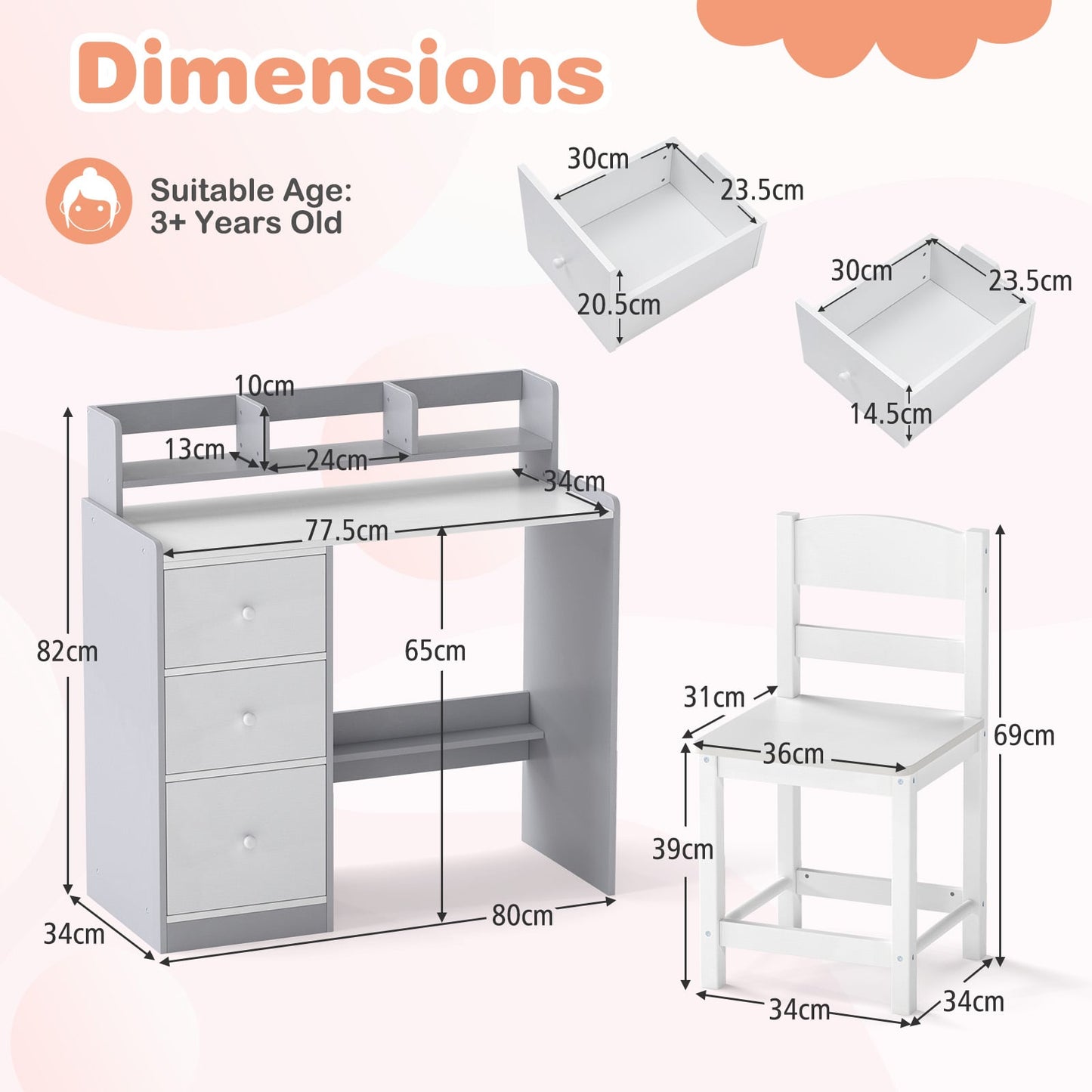 Kids Study Desk and Chair Set Wooden Children Writing Desk with Hutch-Grey